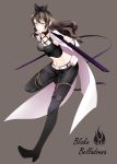  1girl belt black_hair blake_belladonna boots bow breasts brown_hair character_name cleavage groin hair_bow inu0831 midriff navel pants rwby solo thigh-highs thigh_boots yellow_eyes 