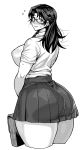  1girl ass bag bookbag breasts curvy flying_sweatdrops glasses highres large_breasts long_hair looking_at_viewer looking_back school_uniform skirt smile solo synecdoche thick_thighs thighs 