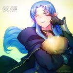  1girl artist_name black_gloves blue_eyes blue_hair braid cape caster choker commentary fate/grand_order fate/stay_night fate_(series) gloves goblet holy_grail jewelry light_smile lipstick long_hair makeup one_eye_closed pointy_ears purple_lipstick richard_suwono ring side_braid solo tears wiping_tears 