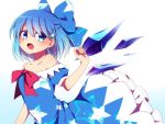  1girl bare_shoulders blue_bow blue_dress blue_eyes blue_hair blush bow breasts cirno collarbone dress embellished_costume frilled_dress frills from_side hair_bow hair_ornament ice ice_wings looking_at_viewer looking_to_the_side off-shoulder_dress off_shoulder open_mouth puffy_short_sleeves puffy_sleeves red_bow short_hair short_sleeves small_breasts snowflake_hair_ornament solo star star_print touhou wings you_(noanoamoemoe) 