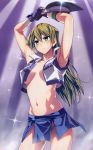  1girl armpits arms_up blonde_hair duel_disk fingerless_gloves gloves highres long_hair midriff navel no_bra skirt tenjouin_asuka ts422 yuu-gi-ou yuu-gi-ou_arc-v yuu-gi-ou_gx 