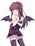  1girl alternate_costume bangs bare_arms bare_shoulders bat_wings black_legwear blue_eyes blunt_bangs blush bow demon_girl embarrassed hair_bow hair_ribbon hime_cut long_hair looking_at_viewer new_game! pantyhose purple_hair ribbon shippo_(shishizaru) simple_background solo succubus sweatdrop takimoto_hifumi thigh-highs white_background wings 