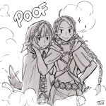  2girls animal_ears armor artist_name blush braid dl eponine_(fire_emblem_if) facing_viewer fire_emblem fire_emblem_if greyscale hand_on_another&#039;s_cheek hand_on_another&#039;s_face hand_on_hip hood long_braid monochrome multiple_girls smile smoke tail tail_wagging upper_body velour_(fire_emblem_if) wolf_ears wolf_tail 