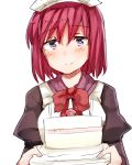  1girl apron bangs blue_eyes blush bow cake closed_mouth eyebrows eyebrows_visible_through_hair food hisui jirou_(tamaho39) long_sleeves maid maid_apron maid_headdress red_bow redhead simple_background smile solo tsukihime upper_body white_background 