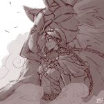  1girl armor artist_name braid cape commentary dl eponine_(fire_emblem_if) fire_emblem fire_emblem_if from_side greyscale grin hairband long_braid long_braids long_hair monochrome monster smile twin_braids upper_body velour_(fire_emblem_if) werewolf 
