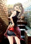  1girl ass bangs blonde_hair blue_eyes brick_wall chef_no_kimagure_salad finger_to_mouth from_behind hair_ornament hairclip highres long_hair looking_back mask mask_removed persona persona_5 plaid plaid_skirt short_shorts shorts skirt solo stairs swept_bangs takamaki_ann twintails 