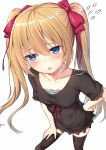  1girl alexmaster black_legwear blonde_hair blue_eyes blush bow fang hair_bow hand_on_hip highres long_hair original red_bow simple_background solo thigh-highs twintails white_background 