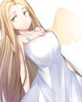  1girl angel_notes angel_wings arms_behind_back bare_shoulders blonde_hair breasts cleavage closed_mouth collarbone cowboy_shot dress jirou_(tamaho39) long_hair looking_to_the_side medium_breasts orange_eyes sidelocks smile solo sundress type-moon v/v very_long_hair white_background white_dress wings 