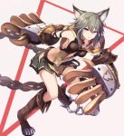  1girl :3 animal_ears bangs breasts claw_(weapon) claws collar erun_(granblue_fantasy) eruthika gloves granblue_fantasy hair_between_eyes long_hair looking_at_viewer red_eyes sen_(granblue_fantasy) silver_hair simple_background skirt smile solo weapon 