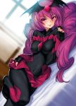  1girl :p bad_end_happy bad_end_precure bat_wings bed_sheet blush bodysuit breasts covered_navel covered_nipples fingerless_gloves gem gloves head_wings impossible_clothes kazuma_muramasa long_hair looking_at_viewer lying nail_polish on_bed on_side precure purple_hair skirt smile_precure! solo tiara tongue tongue_out twintails violet_eyes wings 