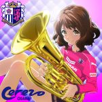  1girl brown_eyes brown_hair camera_eyes emblem euphonium hibike!_euphonium instrument jise724 logo miniskirt oumae_kumiko school_uniform skirt soccer_uniform sportswear thighs 