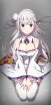  1girl absurdres bare_shoulders blush braid breasts cleavage crown_braid detached_collar detached_sleeves dress emilia_(re:zero) flower hair_flower hair_ornament hair_ribbon hands_on_own_thighs highres jewelry large_breasts long_hair looking_at_viewer open_mouth pendant purple_ribbon re:zero_kara_hajimeru_isekai_seikatsu ribbon seiza silver_hair sitting solo thigh-highs violet_eyes weee_(raemz) white_dress white_legwear wide_sleeves zettai_ryouiki 