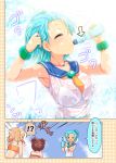  !? 3girls ^_^ alternate_hairstyle aqua_hair armpits bandeau bangle blonde_hair bra bracelet brown_hair cafe-chan_to_break_time cafe_(cafe-chan_to_break_time) closed_eyes comic directional_arrow double_bun drinking emphasis_lines hair_bobbles hair_ornament hand_in_hair jewelry multiple_girls neckerchief necklace o_o personification pointing porurin_(do-desho) ramune ramune_(cafe-chan_to_break_time) sailor_collar see-through short_hair tea_(cafe-chan_to_break_time) translation_request underwear water_drop wet wet_clothes 
