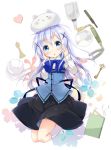  1girl :o angora_rabbit animal animal_on_head bangs black_skirt blue_bow blue_bowtie blue_eyes blush book bow bowtie bunny_on_head commentary_request cup floral_background gochuumon_wa_usagi_desu_ka? hair_between_eyes hair_ornament hands_on_own_cheeks hands_on_own_face jumping kafuu_chino key kneehighs lavender_hair long_hair long_sleeves looking_at_viewer porurin_(do-desho) rabbit rabbit_house_uniform sash skirt teacup tippy_(gochuumon_wa_usagi_desuka?) white_legwear x_hair_ornament 