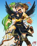  1girl 2boys armlet artist_name black_hair black_shorts black_wings blue_background blush bracelet bracer brooch brown_eyes brown_hair dark_pit feathered_wings gradient gradient_background green_eyes green_hair grin heart jewelry kid_icarus long_hair multiple_boys open_mouth palutena pit_(kid_icarus) sandals sei_(seiryuuden) shorts sleeveless smile sparkle tiara toga tongue tongue_out watermark wavy_mouth white_wings wings 