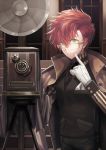  1boy bellows_camera camera carchet coat forced_smile formal glasses gloves green_eyes jacket_on_shoulders looking_at_viewer necktie original redhead solo teeth vest white_gloves 