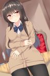  1girl absurdres alternate_costume black_hair blurry_background blush bow bowtie cardigan choukai_(kantai_collection) commentary_request dutch_angle glasses highres kantai_collection long_hair long_sleeves nebu_soku pantyhose red_eyes smile solo 