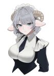  1girl animal_ears black_necktie blue_eyes collared_shirt commentary_request expressionless goat_ears goat_girl goat_horns highres horns long_sleeves looking_at_viewer maid maid_headdress necktie original sh_(sh1030f) shirt short_hair solo upper_body 