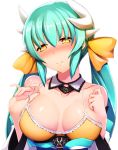  1girl aqua_hair bangs bare_shoulders blush bow breast_suppress breasts closed_mouth collarbone detached_collar detached_sleeves fate/grand_order fate_(series) fingernails hair_bow half-closed_eyes haribote headband holding horns japanese_clothes kimono kiyohime_(fate/grand_order) large_breasts lifted_by_self long_hair looking_at_viewer obi pinky_out sash shade shiny shiny_skin sidelocks slit_pupils smile solo spaghetti_strap strap_lift twintails upper_body white_background yellow_bow yellow_eyes 