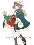  1girl atelier_(series) atelier_sophie book brown_eyes brown_hair character_name hat highres open_mouth short_hair skirt solo sophie_neuenmuller tsuminaya 
