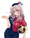  1girl ball bangs breasts closed_mouth grey_eyes highres holding kantai_collection kashima_(kantai_collection) kashima_antlers large_breasts light_smile looking_at_viewer m2b silver_hair simple_background soccer_ball soccer_uniform solo sportswear standing twintails upper_body wavy_hair white_background 