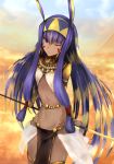  1girl dark_skin dune egyptian facial_mark flat_chest highres jewelry long_hair multicolored_hair one_eye_closed sand smile solo staff two-tone_hair violet_eyes 
