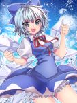  &gt;:d +_+ 1girl :d bloomers blue_bow blue_dress blue_eyes blue_hair blush bow breasts cirno clenched_hands cowboy_shot dress hair_bow hakusai_ponzu ice ice_wings neck_ribbon open_mouth puffy_short_sleeves puffy_sleeves red_ribbon ribbon short_hair short_sleeves small_breasts smile solo teeth touhou underwear wings 