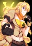  1girl ahoge belt black_background blonde_hair breasts cleavage clenched_hands gloves gradient gradient_background groin inu0831 long_hair midriff rwby solo violet_eyes yang_xiao_long 