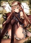  1girl arisa_(shadowverse) bare_shoulders bird black_shirt blonde_hair blush boots breasts brown_boots brown_gloves elbow_gloves elf fingers_together forest gloves green_eyes hair_ribbon head_wreath highres inaba_sunimi knee_boots knees_together_feet_apart knees_up large_breasts long_hair looking_at_viewer miniskirt nature neck_ribbon panties pantyshot pantyshot_(sitting) parted_lips pointy_ears red_ribbon ribbon shadowverse shirt sitting skirt sleeveless sleeveless_shirt solo underwear white_panties white_skirt 