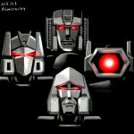  4boys 80s bohemian_rhapsody decepticon glowing glowing_eyes greyscale kamizono_(spookyhouse) machine machinery male mecha megatron monochrome multiple_boys no_humans oldschool queen_(band) red_eyes robot shockwave_(transformers) smile solo soundwave starscream transformers twitter_username 