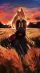  1girl absurdres animal_ears apple blush food fruit heoningu highres holo long_hair looking_at_viewer orange_hair red_eyes smile solo spice_and_wolf sunset wheat wheat_field wolf_ears 