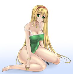  1girl barefoot blonde_hair breasts cleavage frills green_eyes green_swimsuit hairband highres jewelry long_hair nail_polish necklace one-piece_swimsuit original sitting swimsuit unko_samurai yokozuwari 