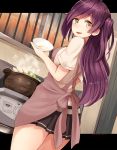  1girl ahoge apron black_skirt bowl breasts commentary_request cooking eyebrows eyebrows_visible_through_hair hagikaze_(kantai_collection) indoors kanna_(horntp) kantai_collection kitchen long_hair looking_at_viewer medium_breasts open_mouth out_of_frame pot purple_hair short_sleeves side_ponytail skirt solo white_skirt window yellow_eyes 