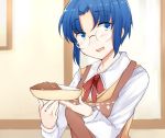  1girl apron blue_eyes blue_hair blush ciel curry curry_rice dish food glasses holding holding_plate jirou_(tamaho39) kagetsu_tooya long_sleeves looking_to_the_side neck_ribbon open_mouth plate red_ribbon ribbon rice school_uniform shirt short_hair sidelocks solo tsukihime upper_body white_shirt yellow_vest 