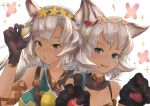  2girls absurdres animal_ears artist_request black_gloves blush cat_ears cat_girl cat_paws claw_pose collarbone dark_skin erun_(granblue_fantasy) flower gloves granblue_fantasy green_eyes grey_hair hair_flower hair_ornament highres looking_at_viewer melleau multiple_girls nemone open_mouth parted_lips paw_gloves paws siblings sisters 