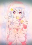  1girl blue_hair blush breasts christmas cleavage cookie food highres kawai_rou multicolored multicolored_eyes open_mouth original solo squatting star teeth 