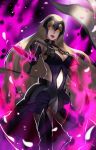  1girl :d breasts cleavage deras elbow_gloves fate/grand_order fate_(series) flag fur_trim gauntlets gloves greaves helmet holding holding_sword holding_weapon jeanne_alter long_hair looking_at_viewer open_mouth ruler_(fate/apocrypha) smile solo sword thigh-highs tongue very_long_hair weapon yellow_eyes 