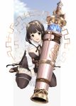  1girl asazuke25 black_eyes black_hair black_legwear blush breasts cannon dress gloves goggles goggles_on_head granblue_fantasy jessica_(granblue_fantasy) large_breasts long_hair looking_at_viewer smile solo thigh-highs white_gloves 