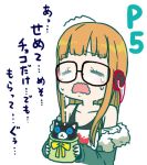  1girl gift glasses headphones jacket long_hair mizuki_maya morgana_(persona_5) orange_hair persona persona_5 sakura_futaba solo tears translation_request 