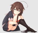  1girl ahoge azuhira black_legwear black_panties black_serafuku black_skirt blue_eyes blush braid brown_hair fingerless_gloves gloves hair_flaps hair_ornament hair_ribbon highres kantai_collection knees_to_chest leg_hug looking_at_viewer no_shoes panties panties_around_one_leg pleated_skirt red_ribbon remodel_(kantai_collection) ribbon school_uniform serafuku shigure_(kantai_collection) short_sleeves single_braid sitting skirt solo thigh-highs underwear 