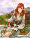  1girl black_cat braid brown_eyes cat cat_on_lap copyright_name detached_sleeves earrings flower full_body goosebumps_(circle) grass jewelry long_hair looking_at_viewer official_art outdoors parted_lips petals pointy_ears redhead ripples rock seikon_no_arcana solo water watermark 