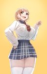  1girl :d bow_(bhp) breasts brown_hair large_breasts looking_at_viewer narusawa_ryoka occultic;nine open_mouth short_hair skirt smile solo thigh-highs thighs white_legwear yellow_background 