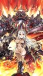 1girl :o arm_up armor armored_boots asanagi bangs bare_shoulders boots breastplate breasts chestnut_mouth colo_mag-chan colossus_(granblue_fantasy) covered_navel cross cyclops elbow_gloves embers fire floating_hair from_below full_armor full_body gauntlets gloves glowing glowing_eye granblue_fantasy grey_gloves grey_legwear groin hair_between_eyes halterneck helmet high_heel_boots high_heels highleg highleg_leotard highres holding holding_sword holding_weapon horns huge_weapon large_breasts leotard long_hair looking_at_viewer navel one-eyed open_mouth red_eyes shiny shiny_clothes short_pointy_ears sidelocks size_difference skin_tight solo standing sword taut_clothes taut_leotard thigh-highs turtleneck very_long_hair weapon white_hair