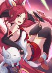  1girl :d black_gloves black_legwear elbow_gloves fingerless_gloves gloves highres itachi_kanade jinx_(league_of_legends) league_of_legends long_hair looking_at_viewer magical_girl midriff open_mouth red_eyes redhead smile solo star_guardian_jinx thigh-highs very_long_hair 