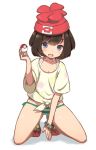  1girl bangs beanie black_hair blue_eyes blush bra bra_strap bracelet commentary_request female_protagonist_(pokemon_sm) hat highres holding holding_poke_ball jewelry kneeling looking_at_viewer no_pants open_mouth panties poke_ball pokemon pokemon_(game) pokemon_sm red_hat ruiten shirt shoes short_hair side-tie_panties smile sneakers solo striped striped_panties swept_bangs t-shirt underwear wide_sleeves 