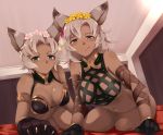  2girls :p all_fours animal_ears artist_request blush breasts cat_ears cat_girl cat_paws dark_skin erun_(granblue_fantasy) flower gloves granblue_fantasy green_eyes hair_flower hair_ornament half-closed_eyes large_breasts long_hair looking_at_viewer looking_down melleau multiple_girls naughty_face nemone paws smile tongue tongue_out 