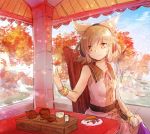  1girl autumn_leaves bare_shoulders bracelet brown_eyes brown_hair chair cup earmuffs food hand_on_lap holding jewelry leaf makuwauri plate shirt sitting sketch sleeveless sleeveless_shirt smile solo steam table teacup teapot touhou toyosatomimi_no_miko tray tree 