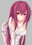  1girl alternate_costume blush breasts casual cleavage fate/grand_order fate_(series) grey_background highres kesoshirou long_hair looking_at_viewer purple_hair red_eyes scathach_(fate/grand_order) simple_background smile solo sweater 