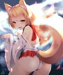 1girl animal_ears ass bare_shoulders blonde_hair blush brown_eyes chita_(ketchup) fang fox_ears fox_tail highres looking_at_viewer looking_back off_shoulder open_mouth original panties short_hair skirt smile solo tail underwear white_panties 