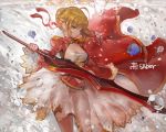  1girl blonde_hair breasts cleavage danann dress epaulettes fate/extra fate_(series) green_eyes holding holding_sword holding_weapon looking_at_viewer saber_extra see-through solo sword weapon 